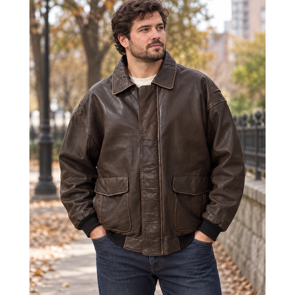 Vintage Pacific Trail Brown Leather Bomber Jacket Men's XL Cargo Pockets